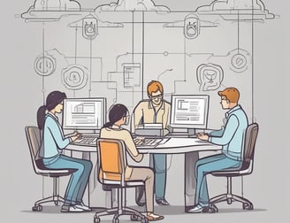 A modern interior with several people interacting with technology, including a digital currency ATM. One person is using a laptop at a table, another is standing at an ATM, and others are using their phones.