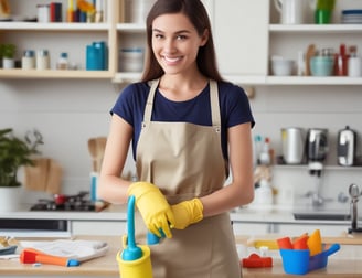 a woman in a apron and gloves holding a spray bottle