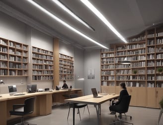 A monochromatic indoor scene featuring a consultation area with a modern design. Two people are seated at a long wooden table, working on laptops, while another person stands nearby. Bookshelves are visible beneath the table, and a sign reads 'Consultation Specialisee'. Overhead lighting and glass partitions add to the contemporary architectural style.