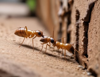 A close-up of an insect with elongated antennae perched on a textured surface. The insect has a striped body with shades of yellow and brown and a distinctive long snout.