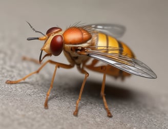 A close-up of an insect with elongated antennae perched on a textured surface. The insect has a striped body with shades of yellow and brown and a distinctive long snout.
