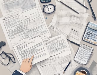 Several U.S. ten-dollar bills are placed on top of IRS tax forms and documents, including Form 1040 and envelopes addressed from the Department of the Treasury and Internal Revenue Service.
