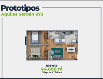 ASER Caracteristicas Departamento. Plano con 2 recamaras, sala comedor, baño y cocina. 44 mts2