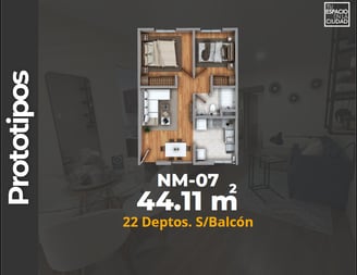 LASU Características Depto.  Plano con 2 recamaras, sala comedor, baño y cocina. 44 m2
