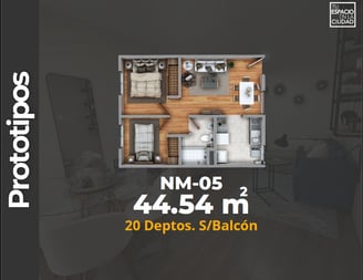 LASU Características Depto.  Plano con 2 recamaras, sala comedor, baño y cocina. 44 m2