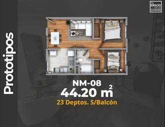 LASU Características Depto.  Plano con 2 recamaras, sala comedor, baño y cocina. 44 m2