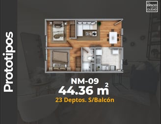 LASU Características Depto.  Plano con 2 recamaras, sala comedor, baño y cocina. 44 m2