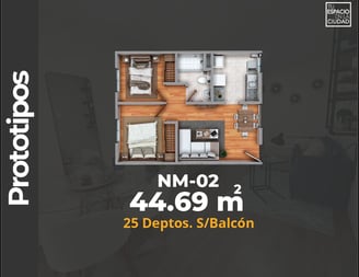LASU Características Depto.  Plano con 2 recamaras, sala comedor, baño y cocina. 44 m2
