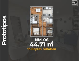 LASU Características Depto.  Plano con 2 recamaras, sala comedor, baño y cocina. 44 m2