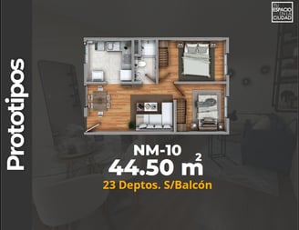 LASU Características Depto.  Plano con 2 recamaras, sala comedor, baño y cocina. 44 m2