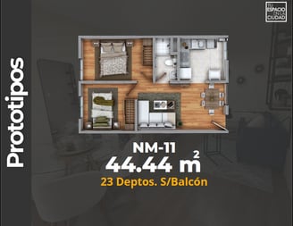 LASU Características Depto.  Plano con 2 recamaras, sala comedor, baño y cocina. 44 m2