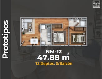 LASU Características Depto.  Plano con 2 recamaras, sala comedor, baño y cocina. 47 m2