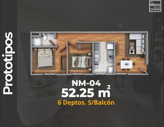 LASU Características Depto.  Plano con 2 recamaras, sala comedor, baño y cocina. 52 m2