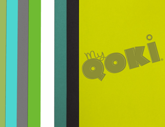 a stack of notebooks with the word 'MyQoki' on it
