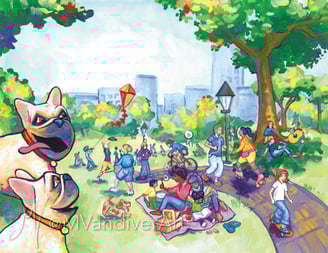 Illustrations from Bruno & Frida Go To New York by New Orleans artist Melissa Vandiver.