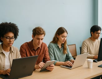 Illustration of modern people working on screens, representing innovative jobs and training in 2025.