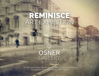Reminisce art exhibition poster showcasing a retrospective of fine art photography by Martin and Samantha Lee Osner