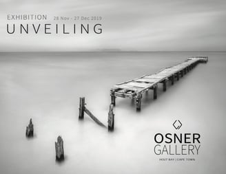Unveiling exhibition poster featuring a black-and-white seascape photograph of a weathered jetty, presented by Osner Gallery 