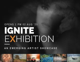 Ignite Exhibition banner for Osner Gallery, opening 2 August 2025, featuring emerging artists and sample artworks.