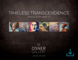 Timeless Transcendence – Osner Gallery exhibition brochure cover featuring African art, photography, and original paintings