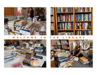 Photo collage of interior of Rockrimmon Interim Library and volunteers