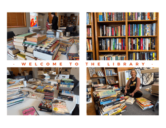 Photo collage of the interior of Rockrimmon Interim Library and volunteers