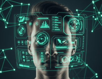 Futuristic brain interface: a human head with a dashboard UI overlay, illustrating a high-tech connection to the mind