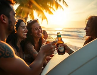 a group of friends enjoying a beer at the beach