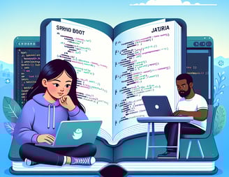 a woman and a man sitting at a table with a laptop studying Java Spring boot