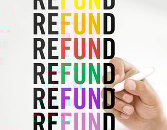 Picture of the word REFUND several times in different colours in a vertical block