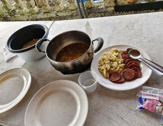 beef loaf, eggs and noodles for breakfast before diving