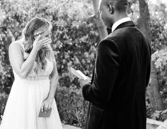 Emotional black and white portrait of bride shedding a tear during her Provence elopement ceremony