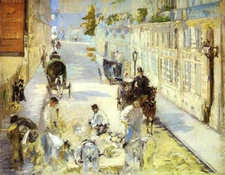 a painting of a horse drawn carriage drawn down a street