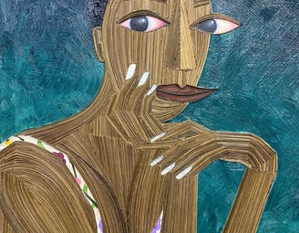 Silent thought, Broomsticks and acrylic on canvas, 2025, 64x76cm (Edward Afadzi)