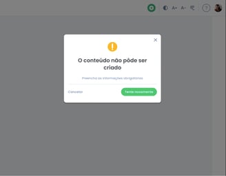Alerta gerado após usuário clicar em publicar conteúdo sem preencher as informações obrigatórias