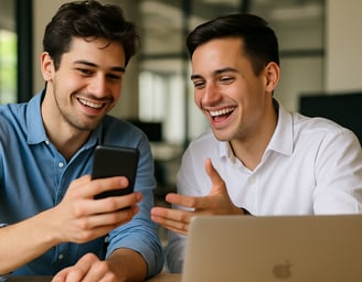 dos hombres celebrando el éxito de su emprendimiento, checando cómo suben las ventas de su negocio.