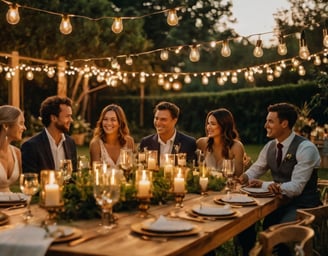 Dîner de mariage intimiste en extérieur avec guirlandes lumineuses