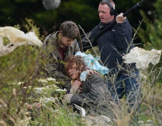Jodie Comer and Alfie Williams shooting a scene for 28 Years Later.