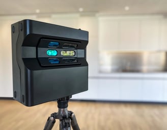 Close-up of Matterport 3D camera used for real estate walkthroughs and virtual tours