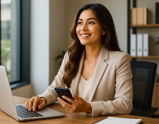 Mujer trabajando desde la oficina, soñando en que puede emprender y poner un negocio.