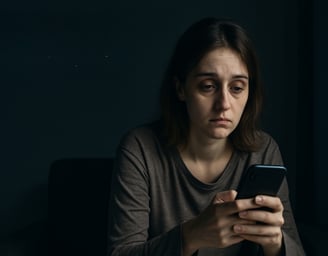 Tired woman holding her smartphone with dark circles and slouched posture, symbolizing hidden phone health dangers in 2025.