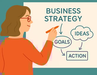 a woman is writing a business strategy on a white board