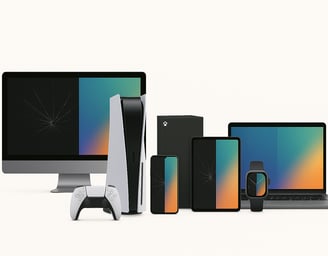 Gaming console, smartphone, and laptop lined up for tech repair