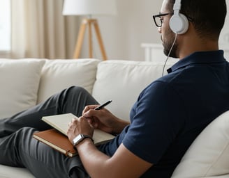male business owner listening to business podcast episode