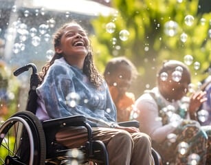 Happy girl in wheelchair laughing outdoors surrounded by bubbles and friends