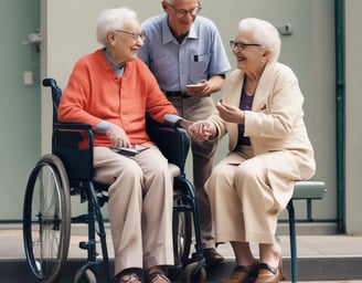 Two modern glass door elevators are illuminated with warm lighting, situated at the top of a short flight of stone steps. The steps are flanked by curved metal railings leading to the elevators. The building’s exterior is covered in vertical concrete panels, adding a textured appearance. A red fire equipment box is visible on the wall to the left.