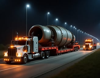 a truck with a large pipe - like structure on the side of the road
