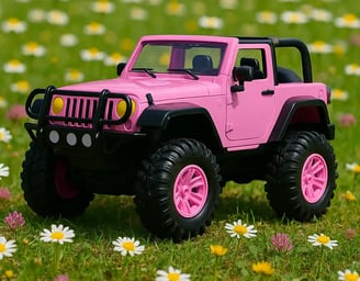 Jeep rosa a control remoto en campo de flores