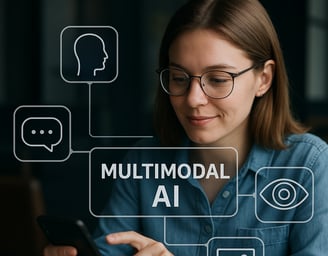 Pessoa usando assistente virtual com comandos de voz e imagem, representando a inteligência artificial multimodal.