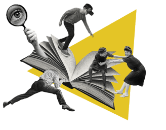 Collage von Menschen, die ein riesiges Buch erkunden, mit VR, Spiel und einem Vergrößerungsglas.